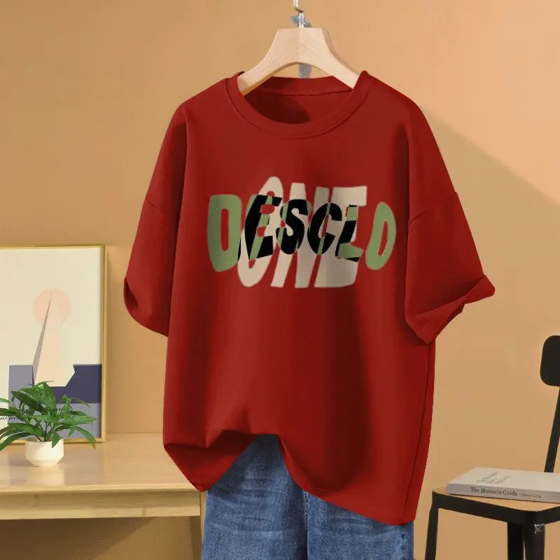 

Summer Unique Letter Printed O-neck Short Sleeve Loose T-shirt Women Clothing Casual Pure Cotton Basics Top Tee Lady Pullover