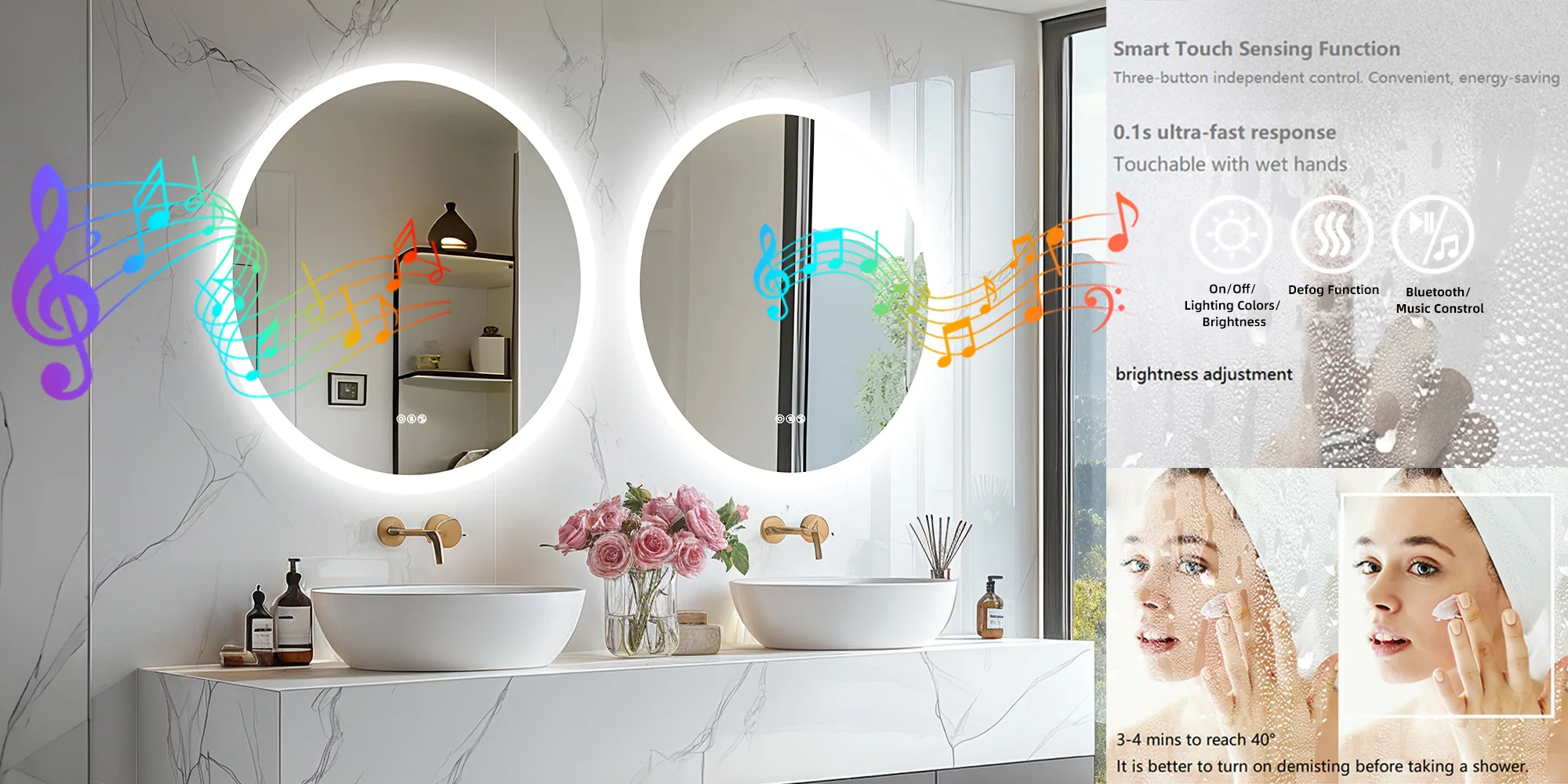 Round Bathroom Mirror 800x800mm with Bluetooth Wall Illuminated LED Vanity Mirror, Anti-Fog, Three Color Light, Memory Function