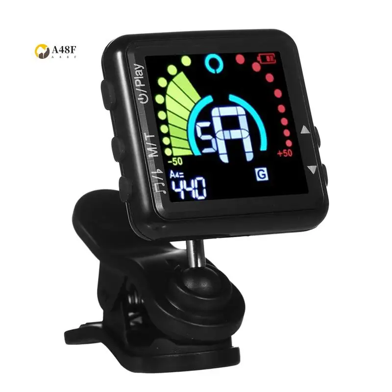 

A48F-Guitar Tuner Rechargeable, Clip On Tuner With LCD Color Display With Guitar, Ukulele, Violin And Chromatic Tuning Modes