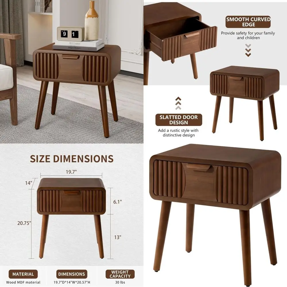 

Vintage Mid Century Modern Nightstand with Storage Drawer, Brown Striped Wood Side Table for Bedroom or Living Room