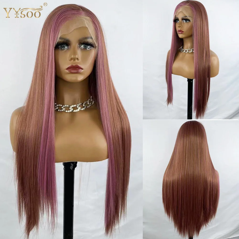 

YYsoo Long Pink Baylayage13x4 Futura Synthetic Hair Lace Front Wigs For Women Silky Straight Glueless Highlights Soft Lace Wig