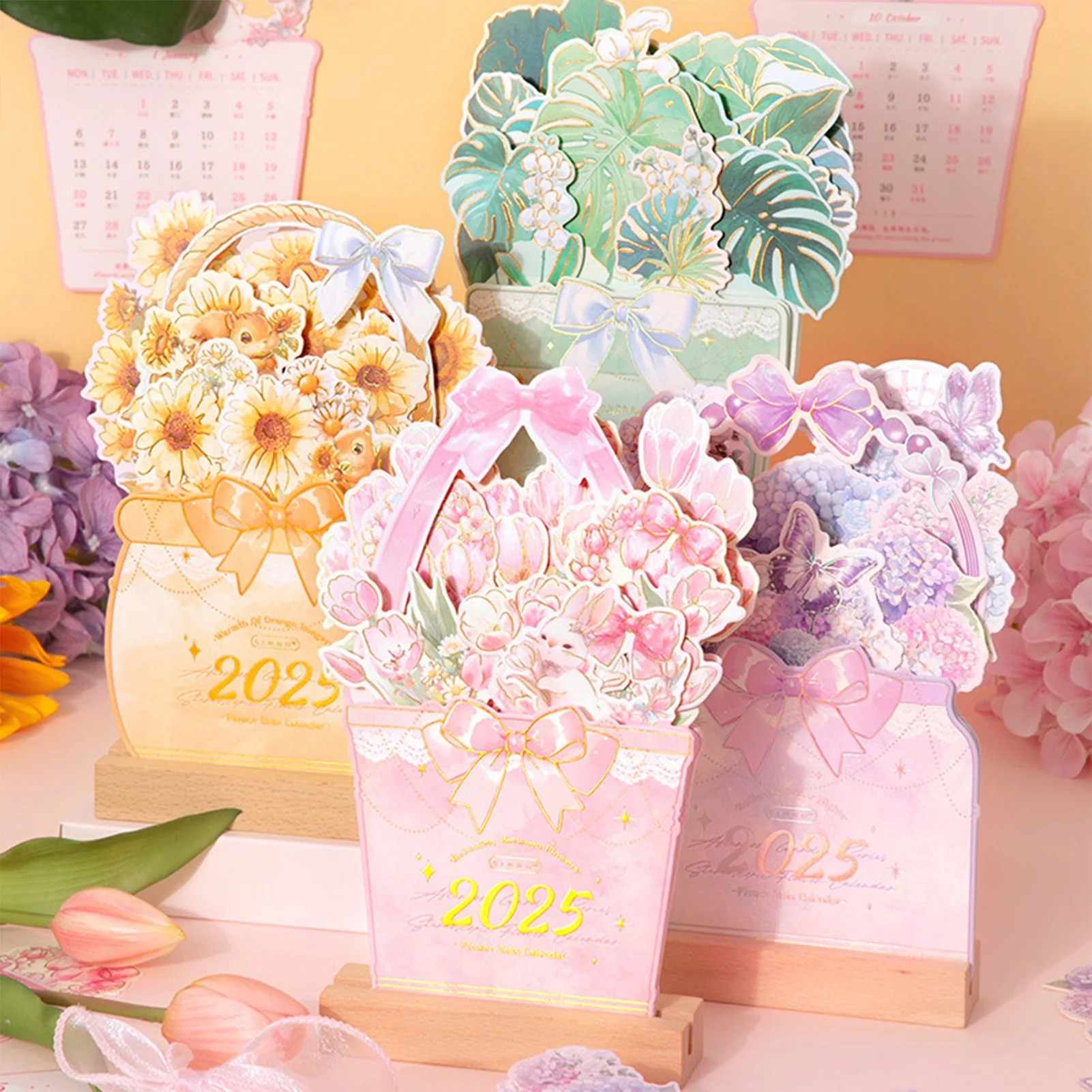 2025 Bloomy Flowers Desk Calendars Charming Vase Shape Monthly Standing Calendar Suitable for Office School Workspace