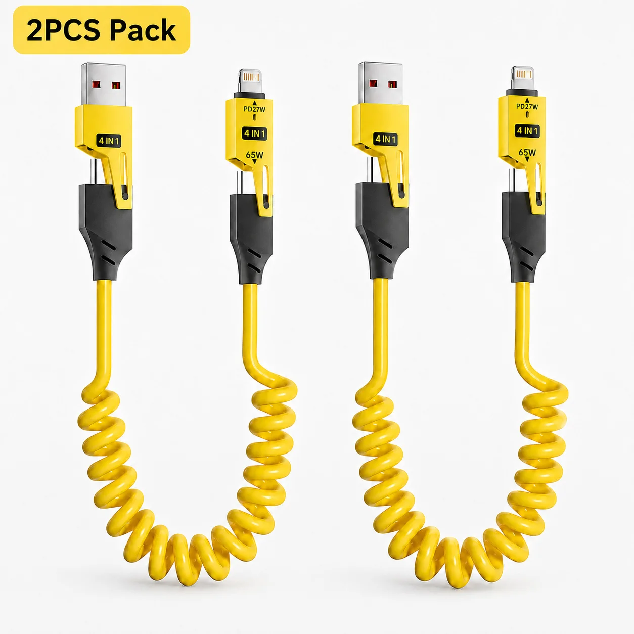 2PCS 65W 4 in 1 Coiled USB C Fast Charging Cable Type C iP Data Cord Zinc Alloy Spring Cable for iPhone Samsung Xiaomi JJ3619
