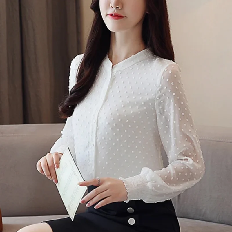 2024 Fashion Sweet  Wave Point Long Sleeve Women Shirt Autumn Casual White Blouses Office Lady Elegant Tops