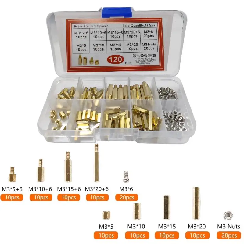 120pcs M3 Male Female Brass Hex Column Standoffs PCB Board Spacer Pillar Screw Nut Electronic Components No Rust