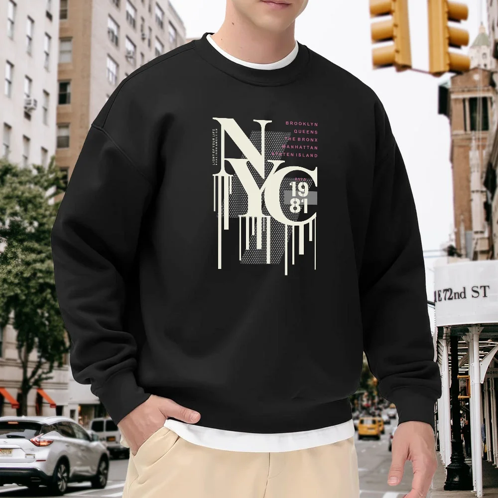 

Men's Black Crew Neck Loose Sweatshirt with New York City Letter Print, Street Fashion Casual Versatile Style, Comfortable Pullover for Everyday Wear