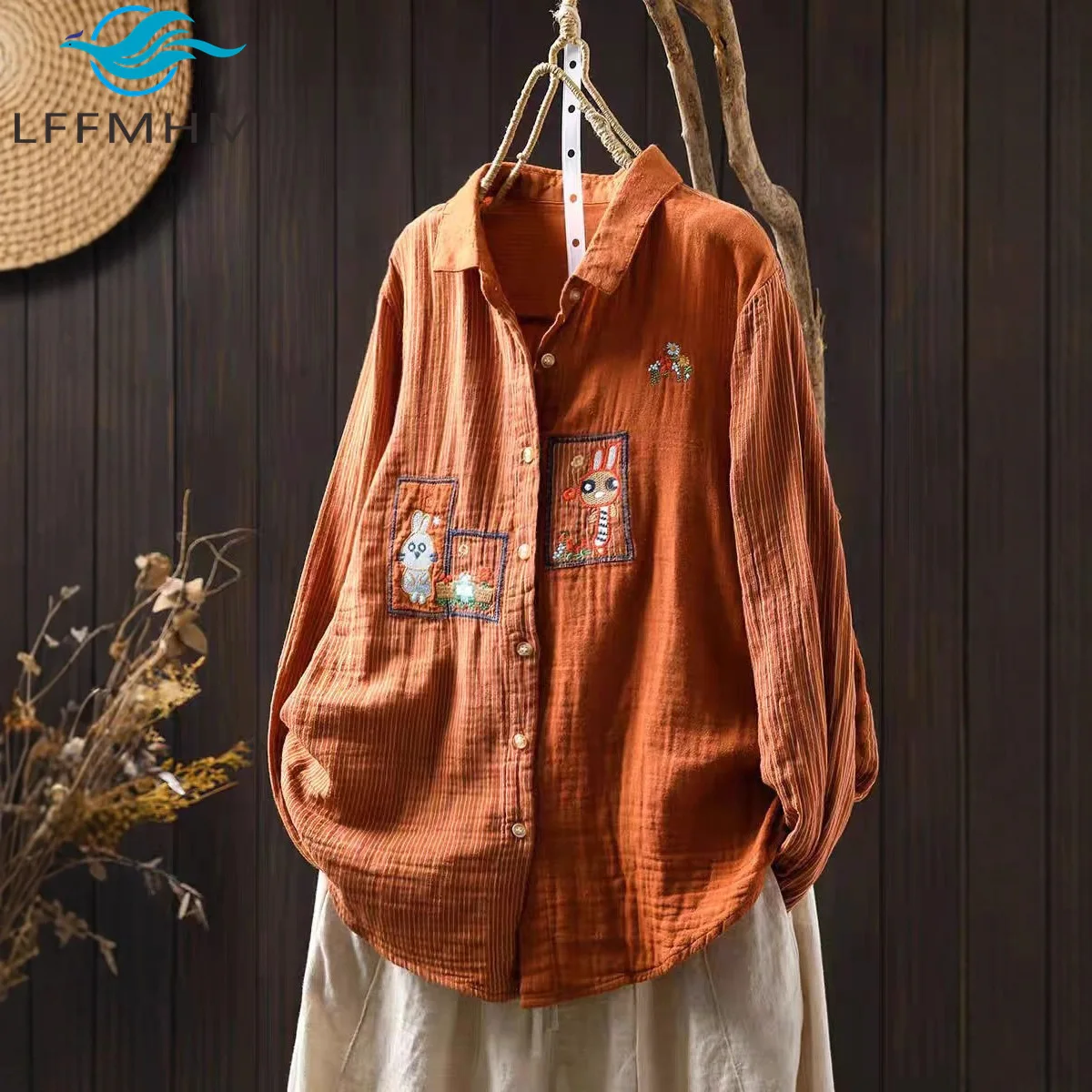 

Spring Fall Vintage Patchwork Cotton Yarn Good Quality Striped Women's Shirt Soft Cozy Loose Casual Long Sleeve Blouse Tops