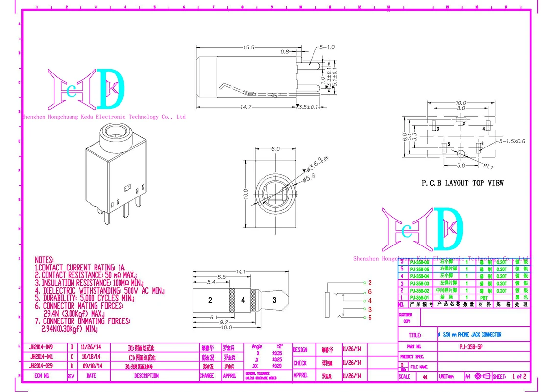 5PCS PJ-358 3.5MM 헤드폰 잭 소켓 커넥터 180 수직 5PIN PJ358