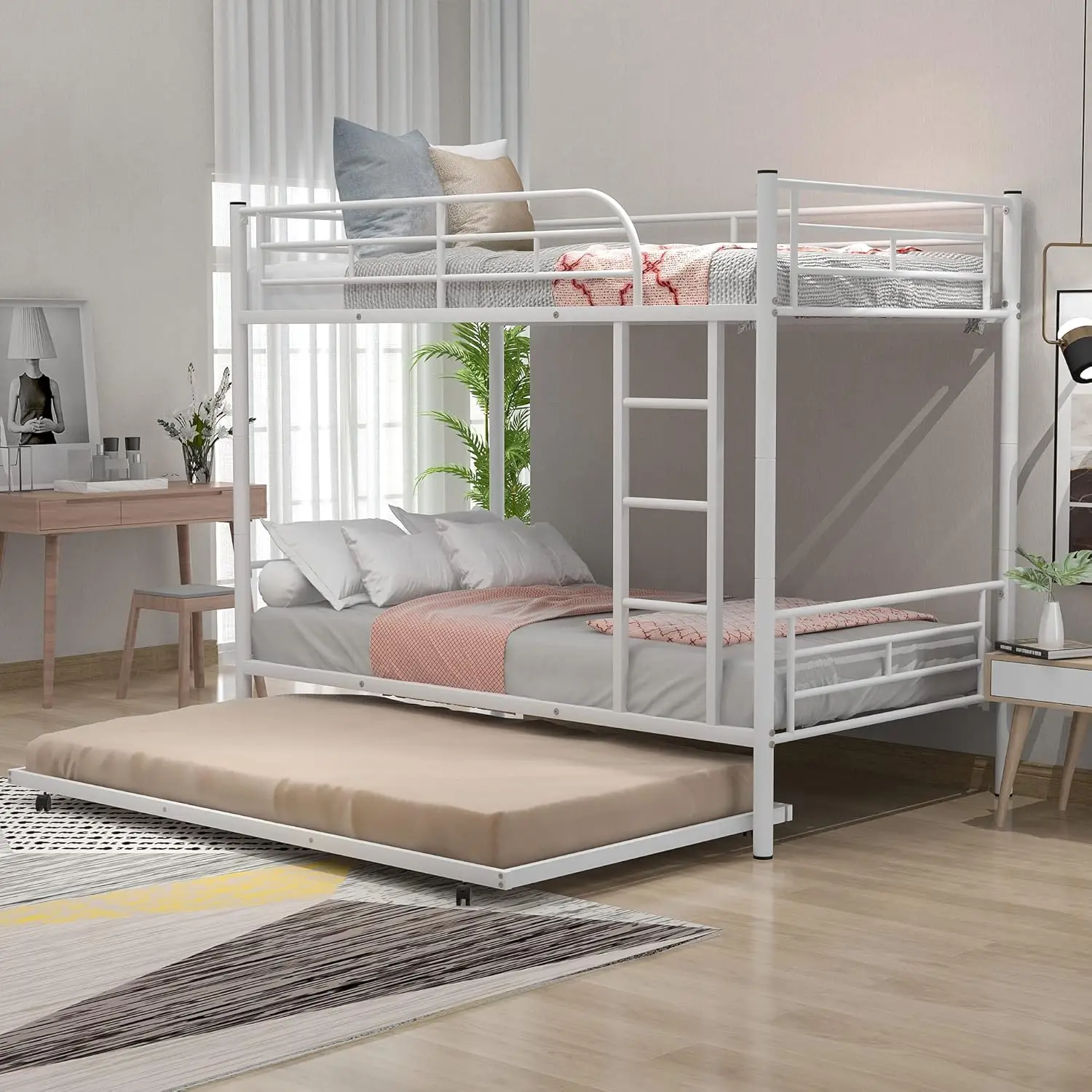 

Harper & Bright Designs Twin-Over-Twin Metal Bunk Bed with Trundle, Guard Rails and Removable Ladder for Kids Teens Adults,