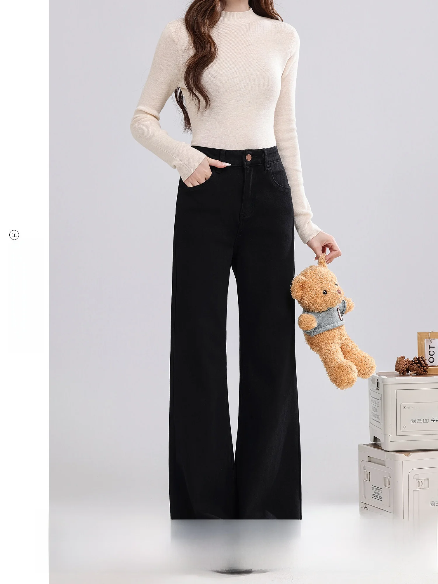 

Женские джинсы с высокой талией и широкими штанинами, повседневные брюки из черного денима, осенне-зимние новые эластичные хлопковые брюки