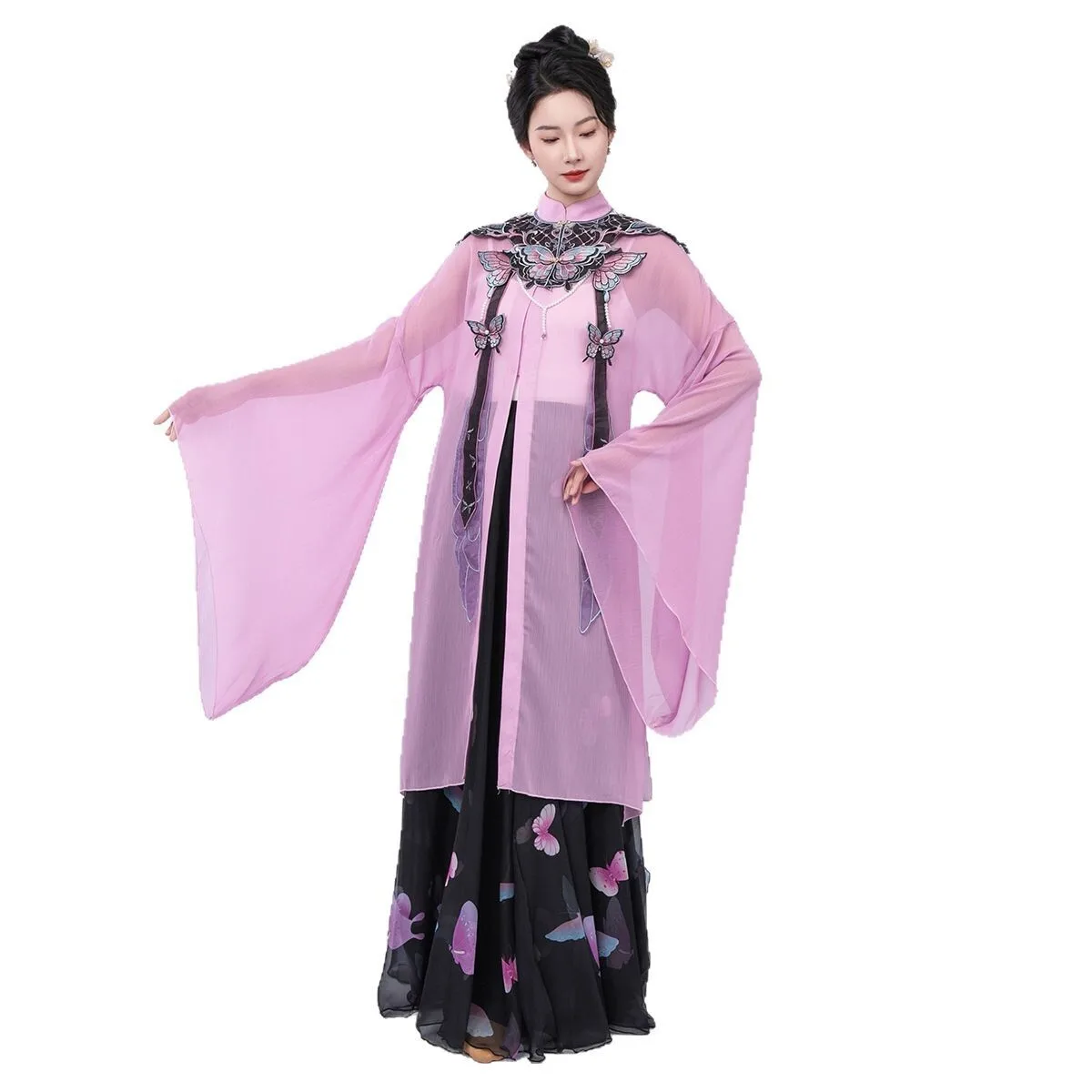 زي الرقص الكلاسيكي المطرز سحابة الكتف تتدفق الشاش تنورة السراويل الصينية هان تانغ نمط مرحلة الأداء اللباس