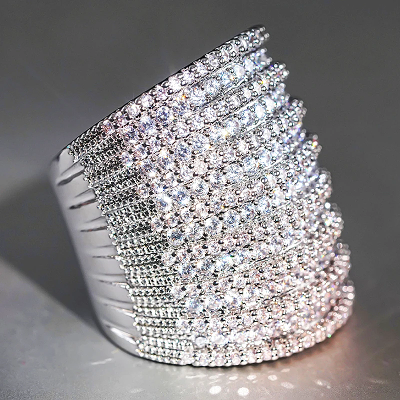 Huitan Exquisite Wide Rings Female Wedding Party Accessories with Brilliant Cubic Zirconia Luxury Women Engagement Jewelry Gift