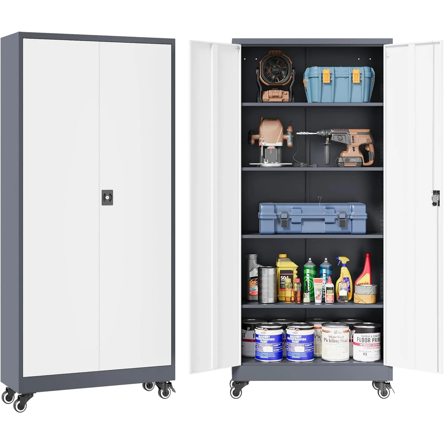 

Metal Storage Cabinet with Wheels,Rolling Garage Storage Cabinet with Lock,Gray White Metal Cabinets with Wheels and Shelves