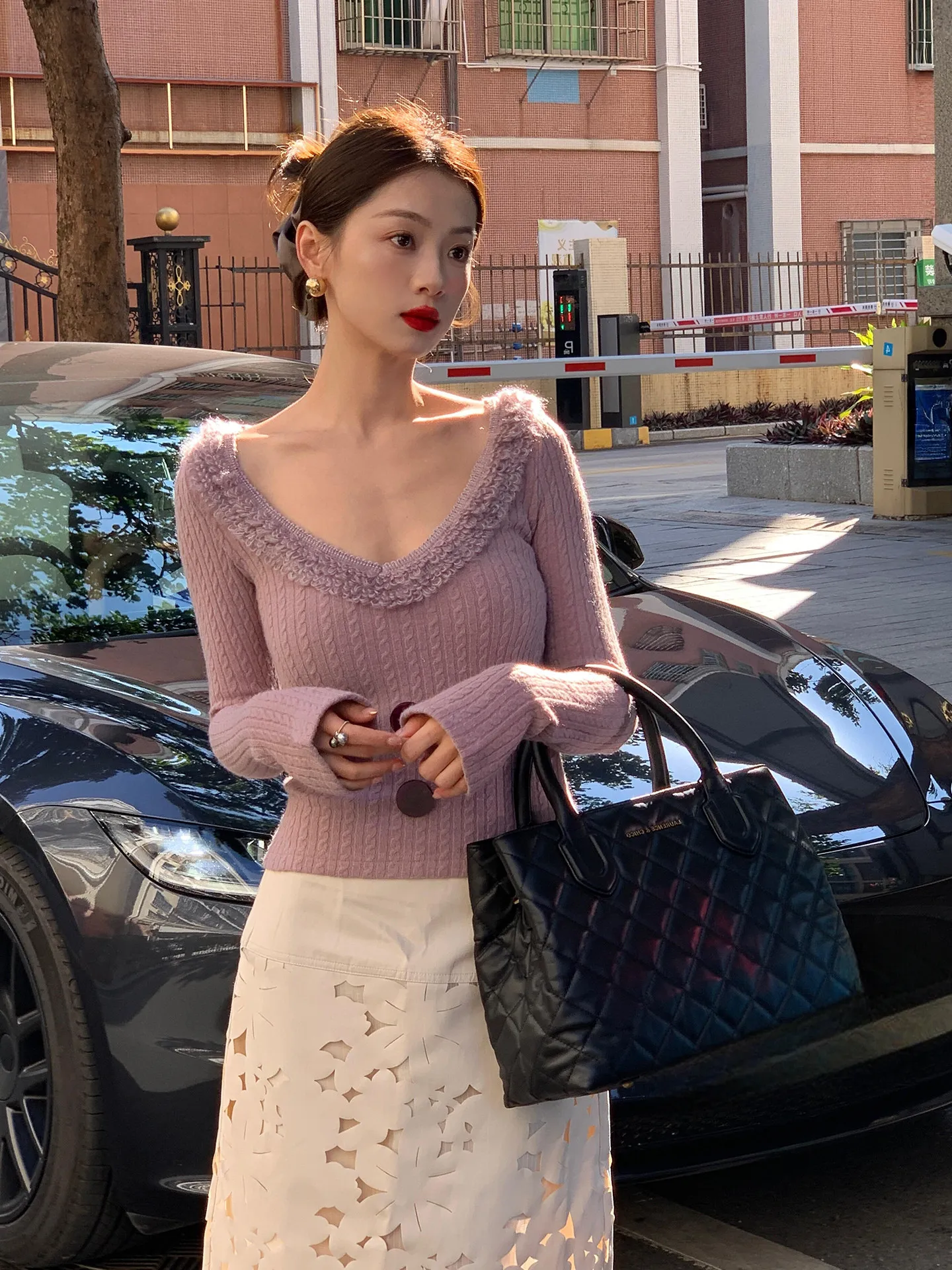 

Faionable Women's Knitted Sweater with Fur Collar Autumn Winter New Design Base irt Trendy Top Retro Sle Button Detail