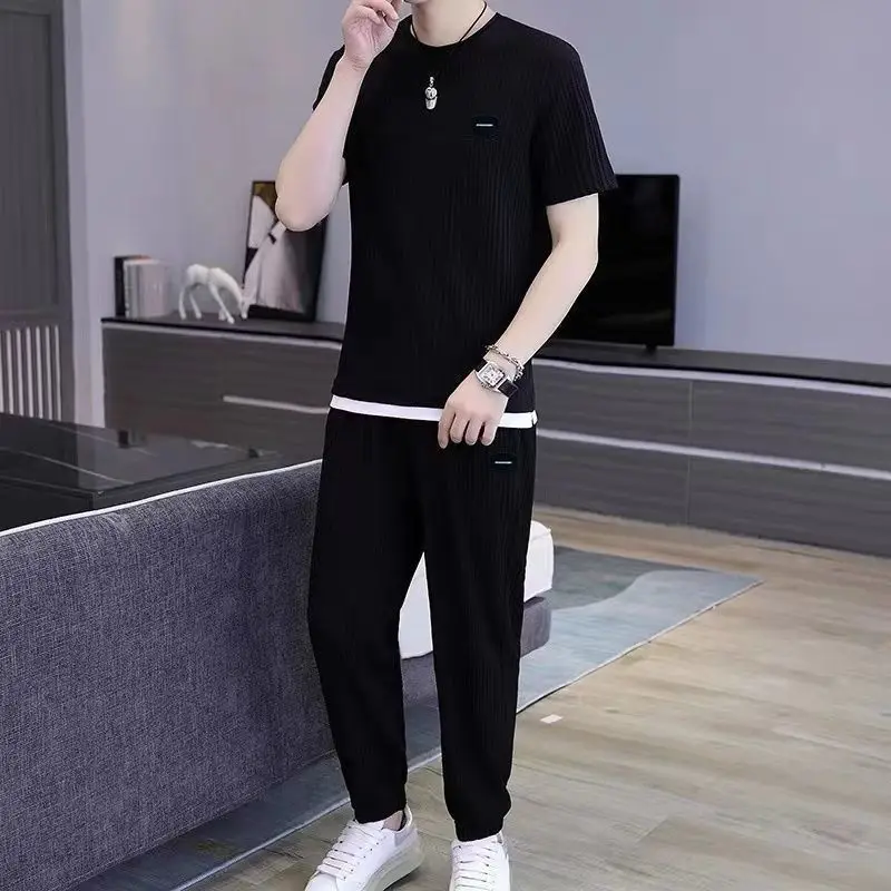 Men High End Premium Sports Suit Cooling Silky Smooth Q Elastic Quick Dry Ultra Thin Short Sleeve Long Pants Two Piece Set