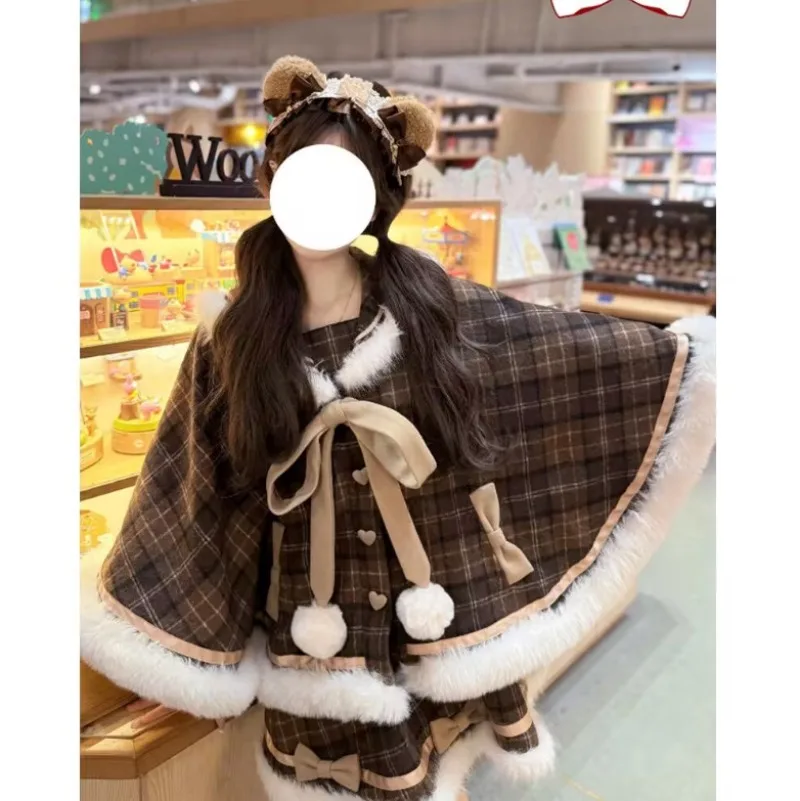 Japanse sfeer roksets meisjes mantel jas + halve rok tweedelige set kerst nieuwe kleding herfst winter nieuwe zoete 2025,