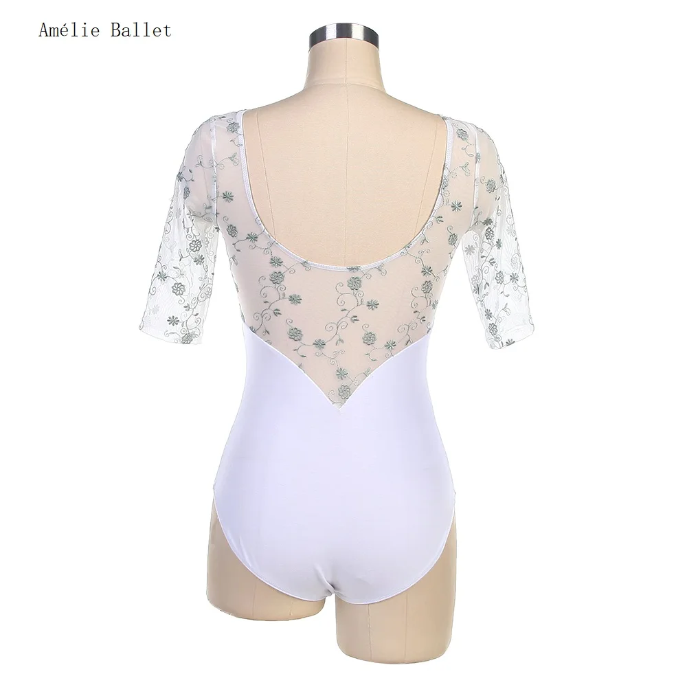 03D2401 Free Shipping Adult Dance Letoards Mid-sleeved White/Green Leotard Low Back leotard Women Ballerina Practice Clothes