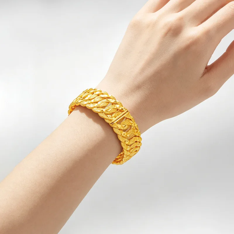 Balanced Comfort Wide Woven Carved Buckle Bangle For Women 24K Gold AU999 reduce extra weight pressure on wrist surface