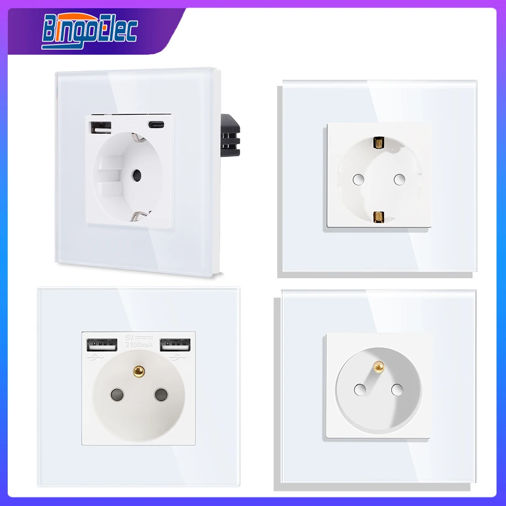 Bingoelec EU Russia Poland Standard Wall Socket with Daul USB Electrical Outlet TypeC White Crystal Glass Panel Power Socket