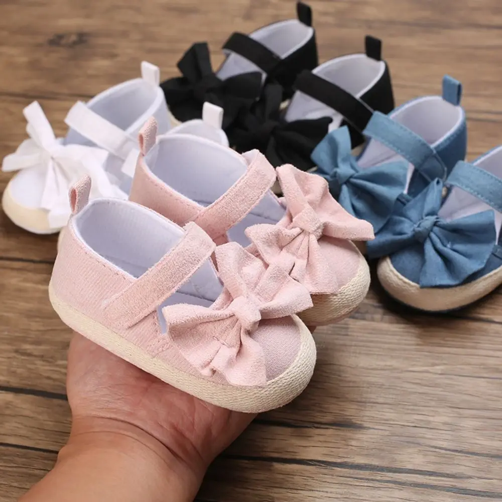 1 Pair 0-18 Months New Baby Girl Bow Canvas Shoes Anti Slip Soft Bottom Infant Girls Shoes Shallow Mouth Lightweight