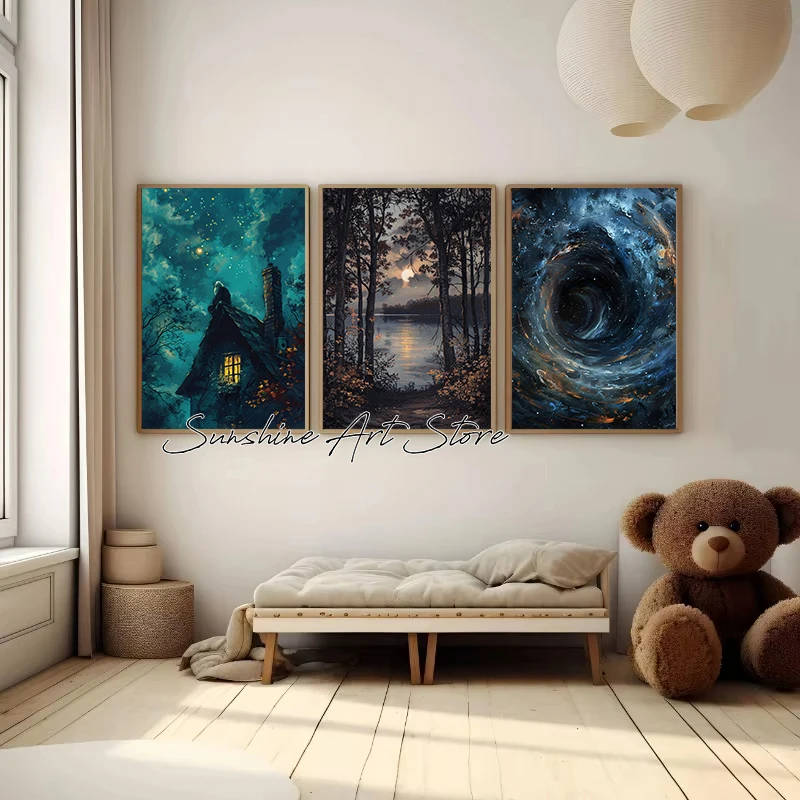 Moody Landscape Cosmic Dark Academic Moonlit Forest Winter Night Cabin Fantasy Poster Canvas Painting Wall Pictures Home Decor