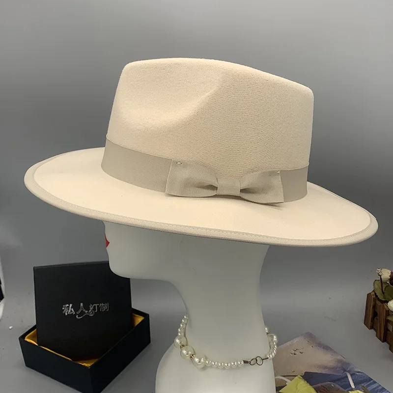 European Style Tapered Wool Felt Hat Wide Brim Vintage Jazz Hat with Satin Ribbon Warp Knitted Solid Color​