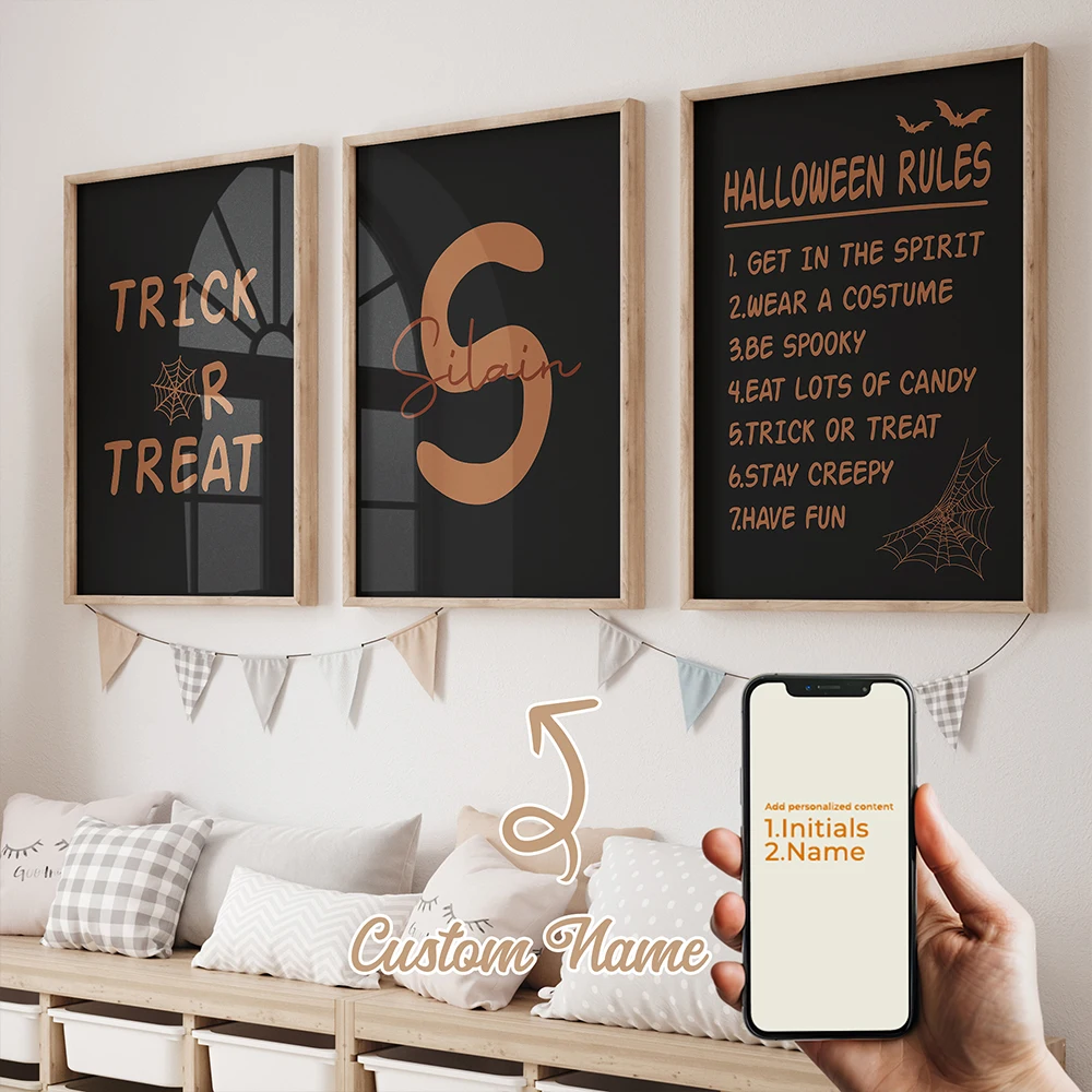 

3Pcs Customization, Halloween Trick-or-treating Theme Wall Art Prints Canvas Painting Poster Picture For Living Room Home Decor