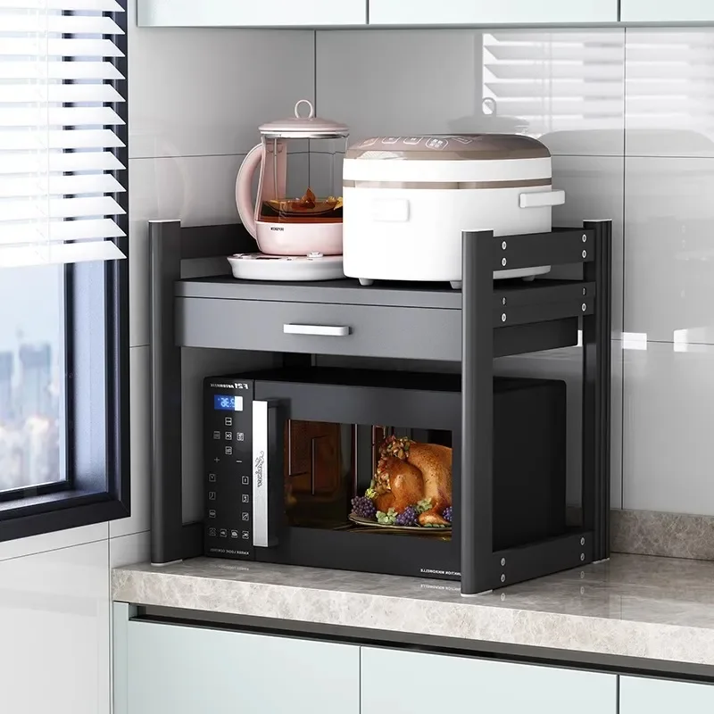 Adjustable Kitchen Countertop Shelf Double Layer Storage Rack for Microwave Oven Rice Cooker Retractable Organizer Stand