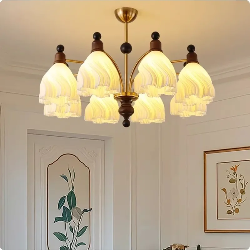 for French Medieval Style Skirt Chandelier Wabi Sabi Cream Living Room Light Solid Wood Retro Eye Protection High End