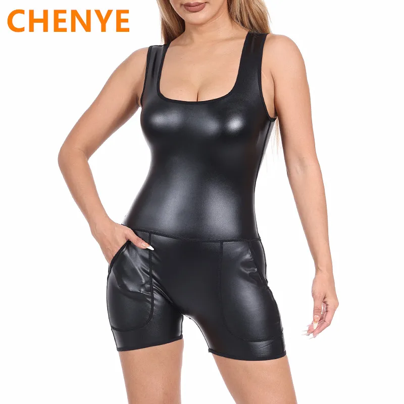 Women's Bodysuit Pu Leather Jumpsuits Rompers Faux Leather Body Shaper Deep U Neck Sleeveless Corset Tank Top Shorts with Pocket