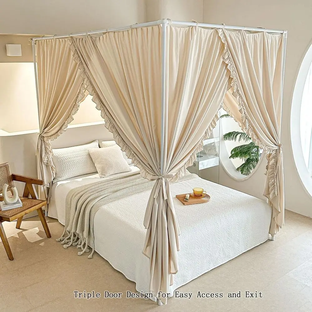 ม่านเตียงเจ้าหญิงสีกากีขนาดเต็มพร้อมสายรัด สำหรับป้องกันลมและแสงในห้องนอนเด็กผู้หญิง