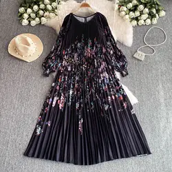 New Summer Autumn Long Sleeve Floral Pleated Dress Women Patchwork Flower Print Party Vestidos Belt