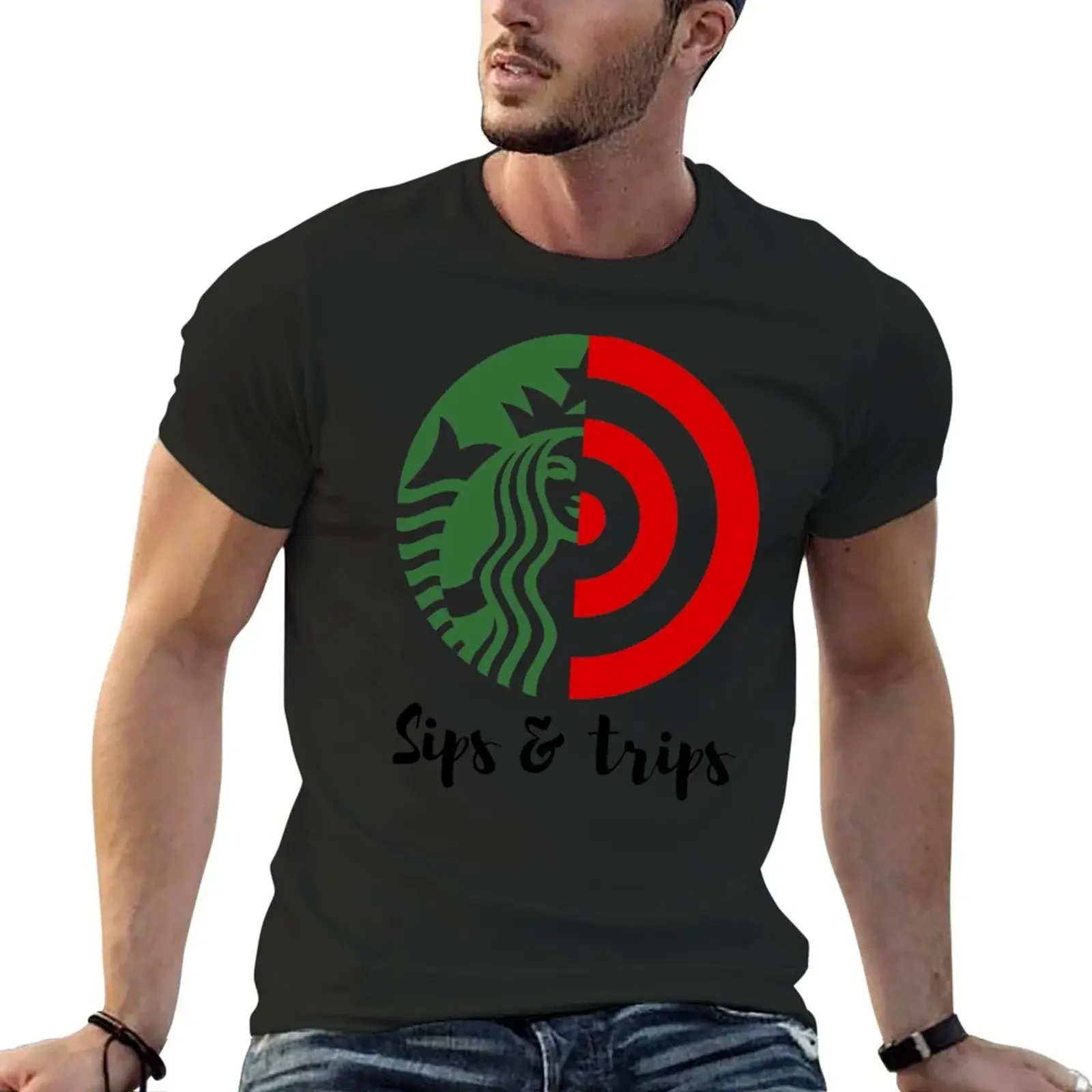 

Sips And Trips, Coffee, Travel, Funny. T-Shirt graphics aesthetic clothes mens workout shirts