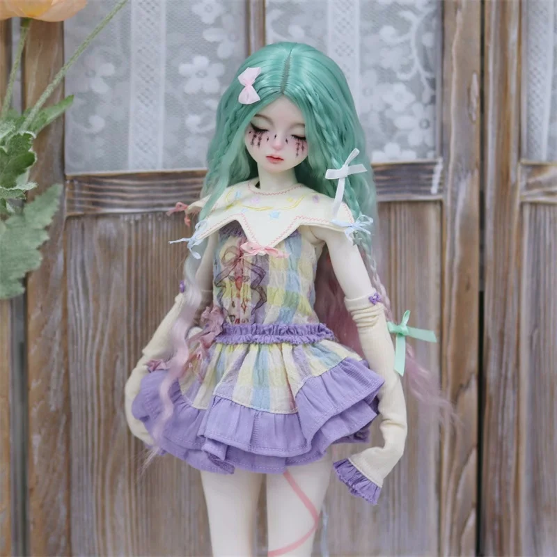 

BJD/SD/DD Doll Wig Toys Girls Elegant Cute 1/4 High Temperature Silk Blue Pink Braid Bow Long Curly Wave Gifts Doll Accessories