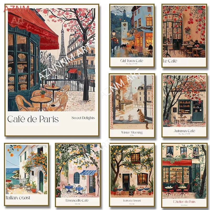 Italienisches Zitronen-Paris-Café Französische Gebäckstücke Aquarell-Illustration Poster Leinwanddruck Bäckerei Vintage Französische Küchendekoration