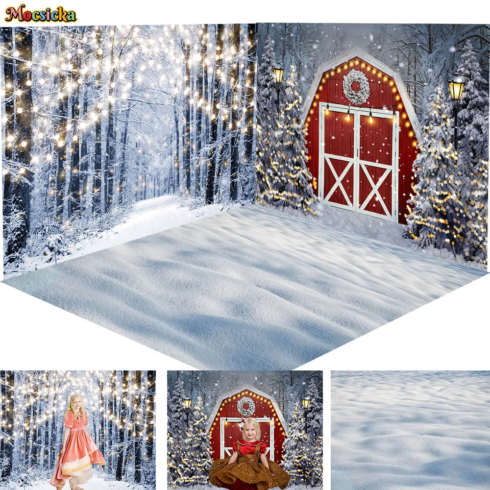 

Christmas Tree Forest Backdrop for Photography Winter Red Barn Snow Light Decoration Background Children Family Portrait Photo