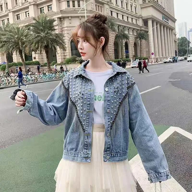 Áo Khoác Nữ Xu Hướng Quần Giả Jean Nữ 2022 Đen Sequin Kim Cương Giả Áo Khoác Mùa Đông Áo Khoác Denim Màu Da Bò Mùa Thu Nhà Thiết Kế Ngọc Trai Đánh