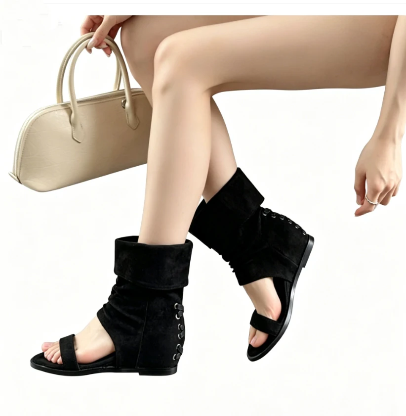 2026 Cross Strap Slouchy Faux Suede Ankle Boots Rome Gladiator Cut Out Sandals Bootis Wedge Heel Flat Shoes Women Streetwear