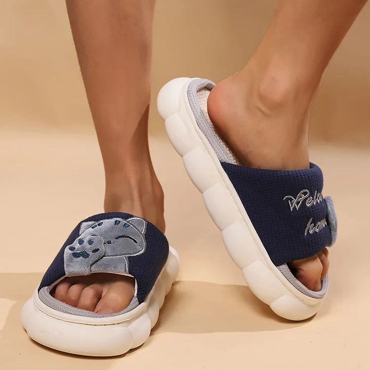 Leinen Casual Hausschuhe Frauen Haus Plattform Niedlichen Cartoon Katze Designer Schuhe Mädchen Flache Mode Elegante Schuhe Indoor Große Größe – Detail 18
