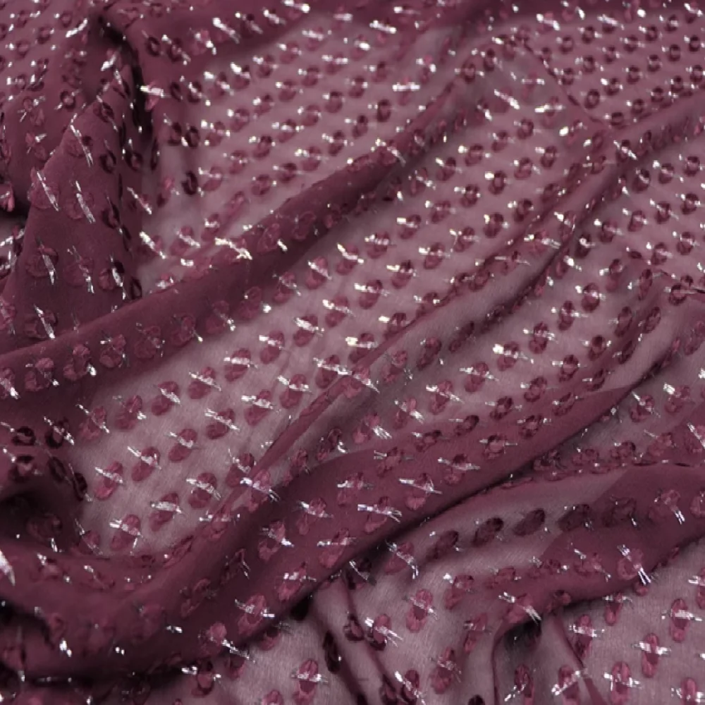 Elegant Dark Red Dot Silver Lurex Soft Solid Shiny Metallic Silk Jacquard Fabric for Lady Graceful Shawl Dress