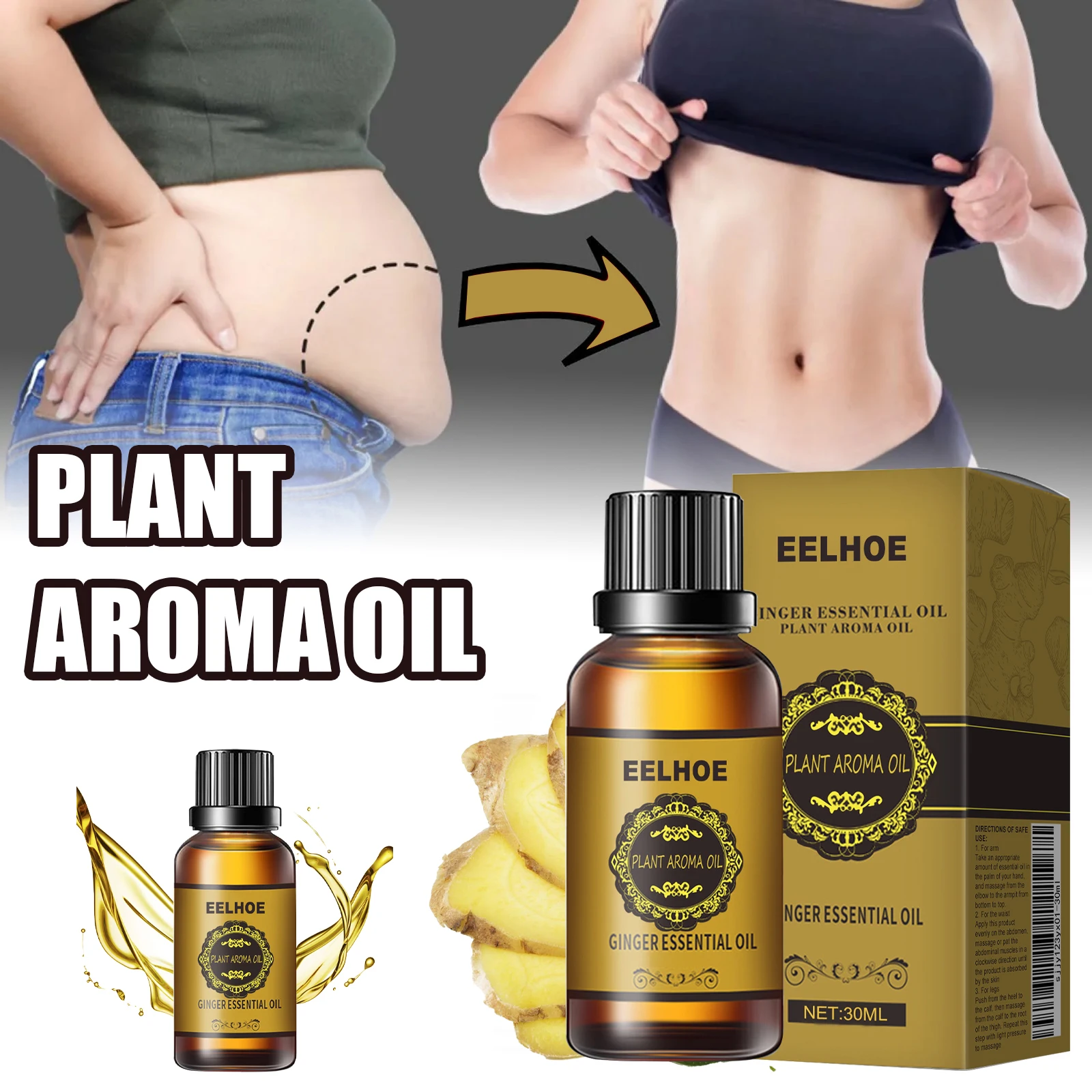 Slimming Essential Oil Quick to Absorb Fat Burning Natural Extract Belly Drainage Ginger Relax Massager Body Oil for Women 10ml