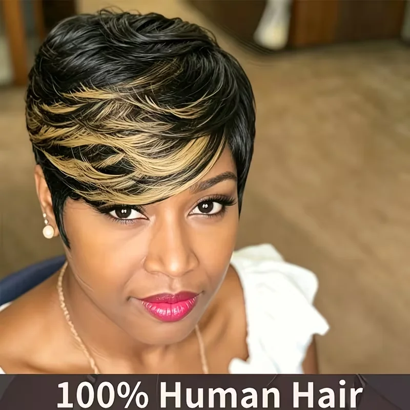 Pixie Cut 100% Human Hair Wig 1B/27 Honey Blonde Machine Made Short Wigs for Women Daily & Party Wear
