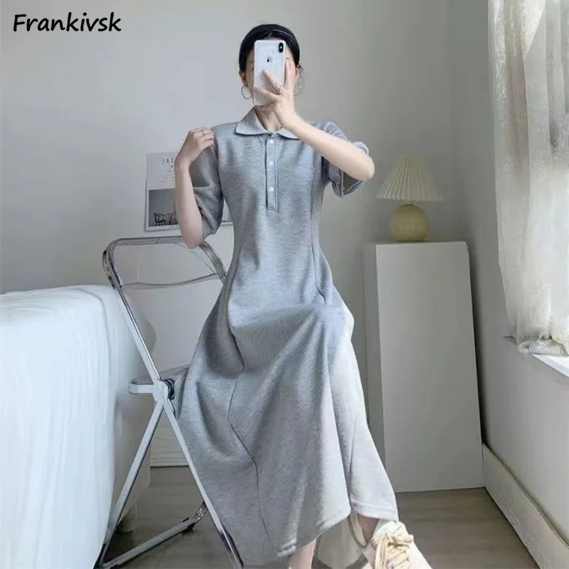 

Solid Colors Women Dresses A-line Mid-calf Slim Simple Preppy Casual Summer Comfortable Korean Style Short Sleeve Harajuku Soft