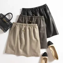 Real Leather Skirt For Women Spring Summer Simple Versatile Sheepskin Jupe Femme Elastic Waist Drawstring Casual Slim Mini Saia