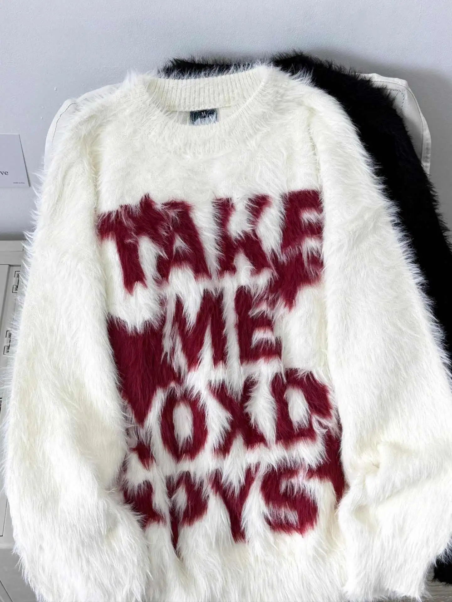 

Soft American Street Sle Couple Sweater Letter Knitwear Autumn Winter Loose Fit round Ne Draped Camere Casual Wear