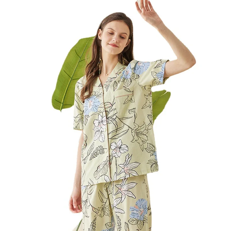 

2023 New Spring Summer Cotton Pajamas Set Women Sleepwear High Quality Short Sleeve Floral Print Night Sleeping Pants Sets