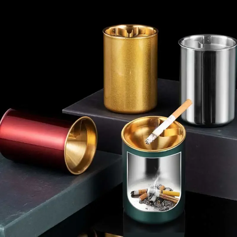 Stainless Steel Car Ashtray with Lid Windproof Funnel Anti-fly Ash Tray for Office Home Living Room Decor