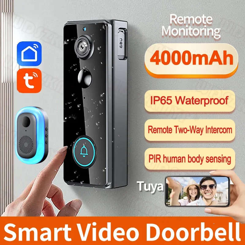Tuya Wireless Video Doorbell 4000mAh 1080P HD PIR motion sensor IP65 Waterproof 2Way Audio Video Intercom for Home Security