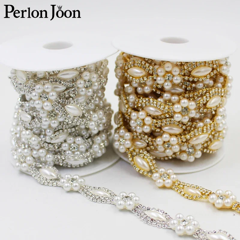 Pearl flower rhinestone trim plating gold silver flatback pearl crystal decorative chain clothing accessories ML090