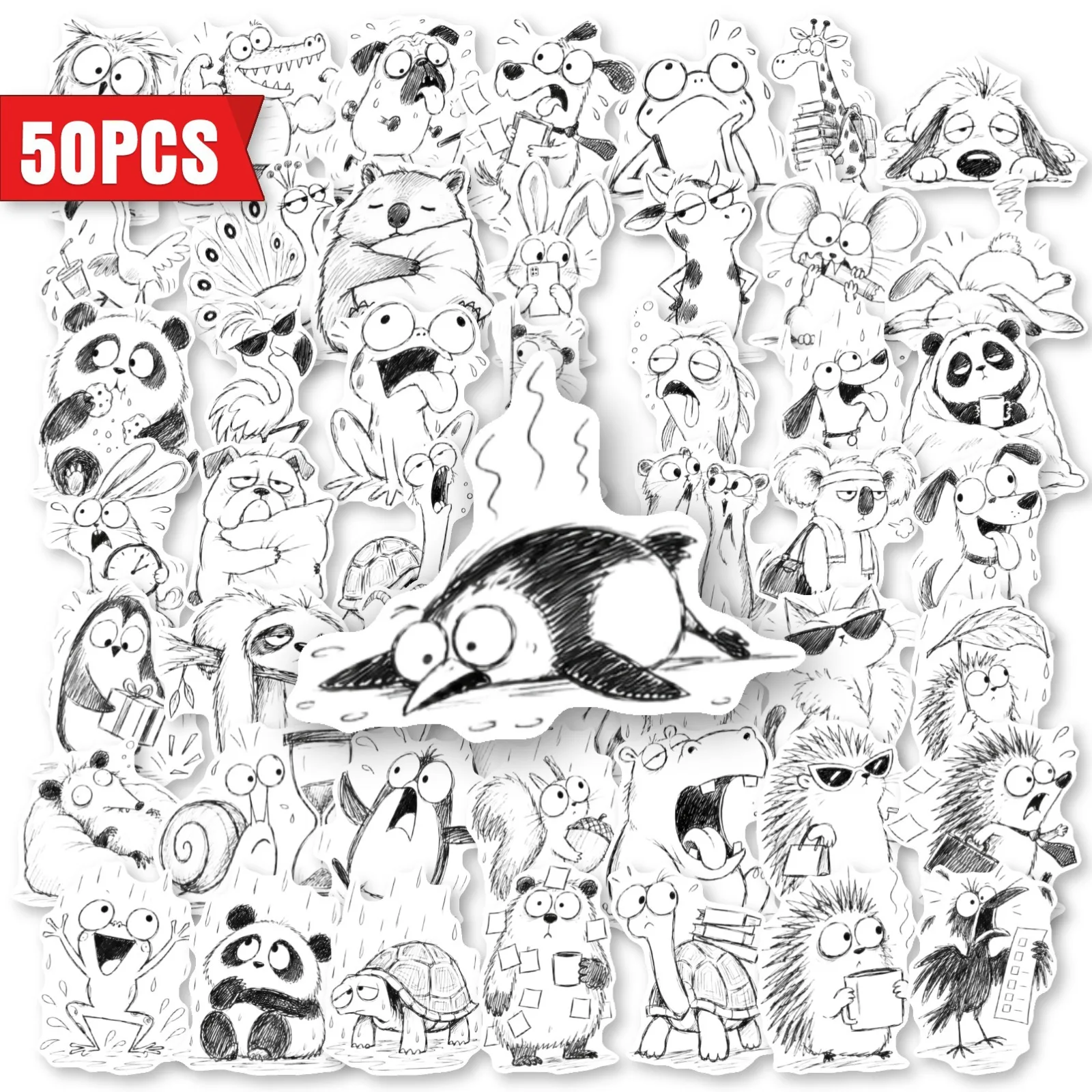50 PCS Black White Line Art Hand Drawn Animal Funny Panda Hedgehog Rabbit Cartoon Student Hand Account Material Waterproof Decal